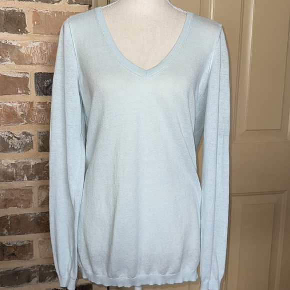 GAP Soft Minty Blue Linen V-Neck Tunic Sweater Ribbed Side Insets Vented Hem - Picture 1 of 12